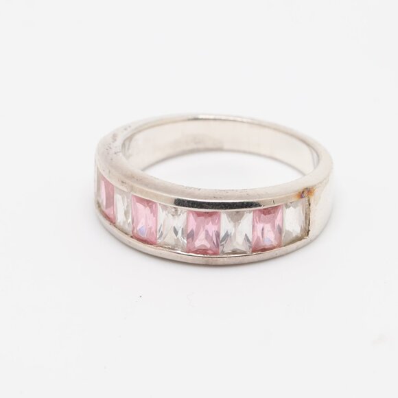Vintage Sterling Silver Pink White CZ Ring - Picture 2 of 7